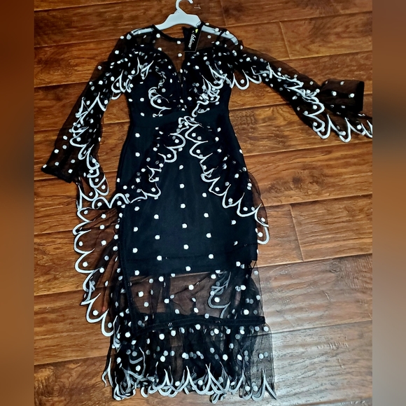 New ATHENA Dress Black Sheer With Polka-Dots & RUFFLES Bustier Cocktail Sz S - Picture 7 of 10